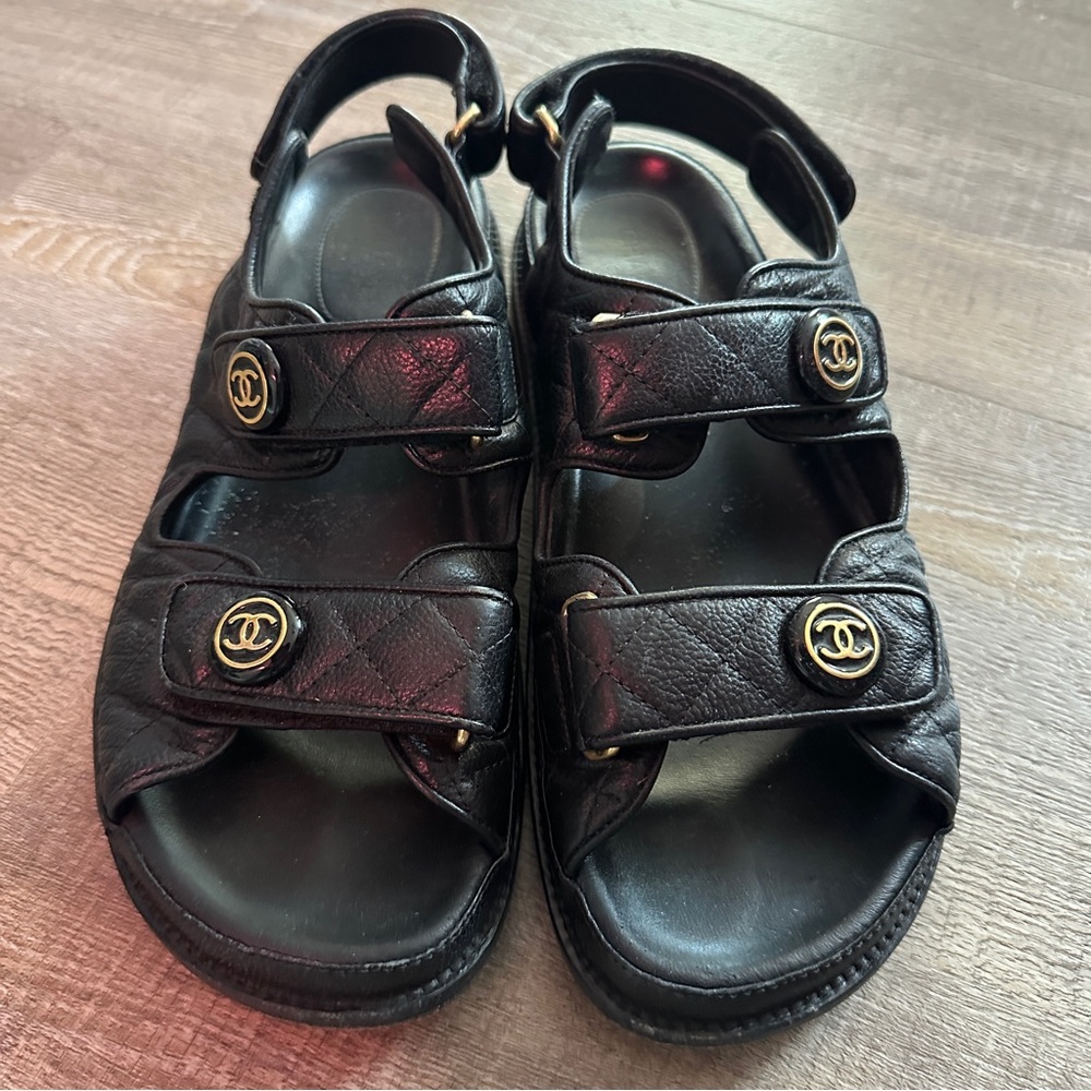 Chanel Gate NO 5 Quilted Leather Strap Black Sandals